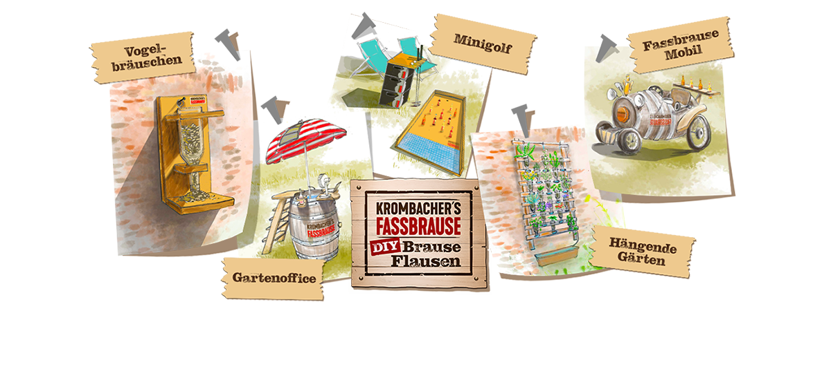 Krombacher Fassbrause DIYs: Gartenoffice, Vogelhäuschen, Minigolf. Hängende Gärten, Fassbrause Mobil