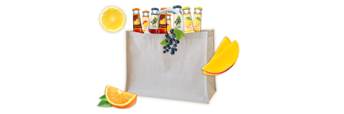 Eine braune Papiertüte mit Flaschen verschiedener Säfte, darunter Orangensaft und Traubensaft. Um die Tüte herum liegen frische Orangen- und Melonenscheiben.