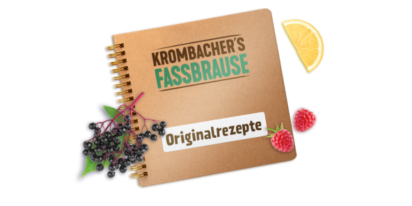 Braunes Originalrezeptebuch mit Text Krombachers Fassbrause und Zitronenscheibe, zwei Himbeeren und Holundertraube.