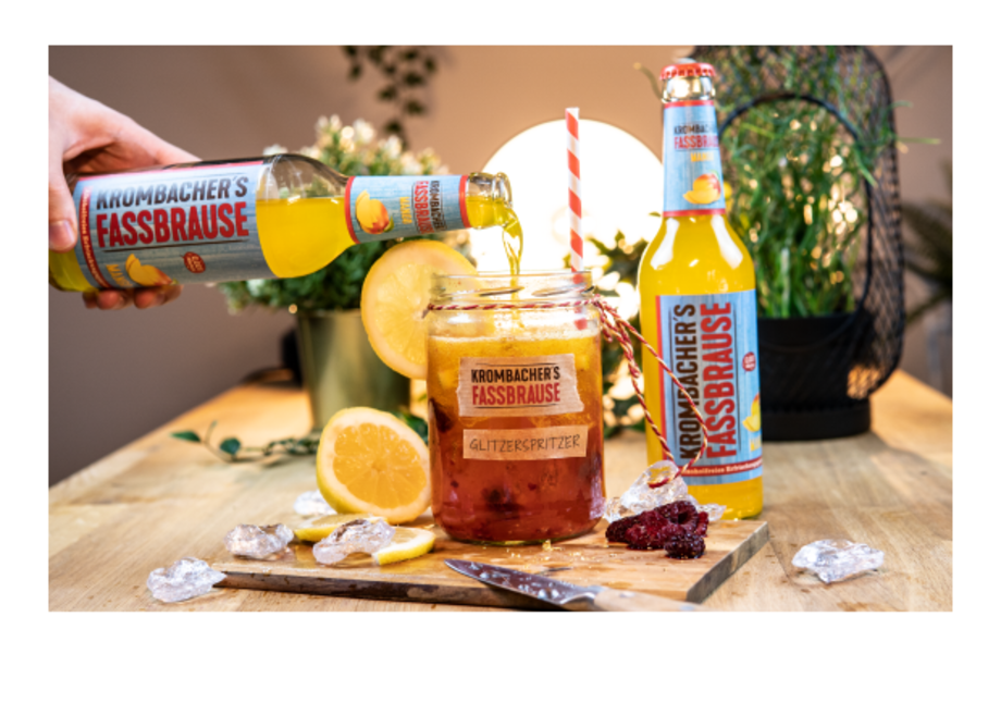 Cocktail mit Fassbrause Mango und text: Glitzerspritzer