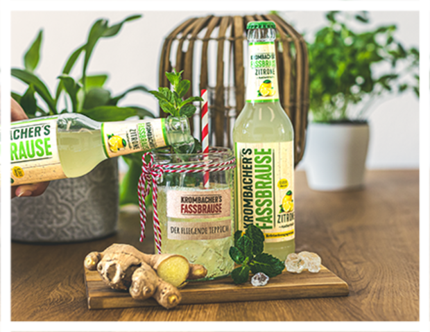 Cocktail mit Fassbrause Zitrone naturtrüb mit Ingwer und Minze mit Text: der fliegende Teppich
