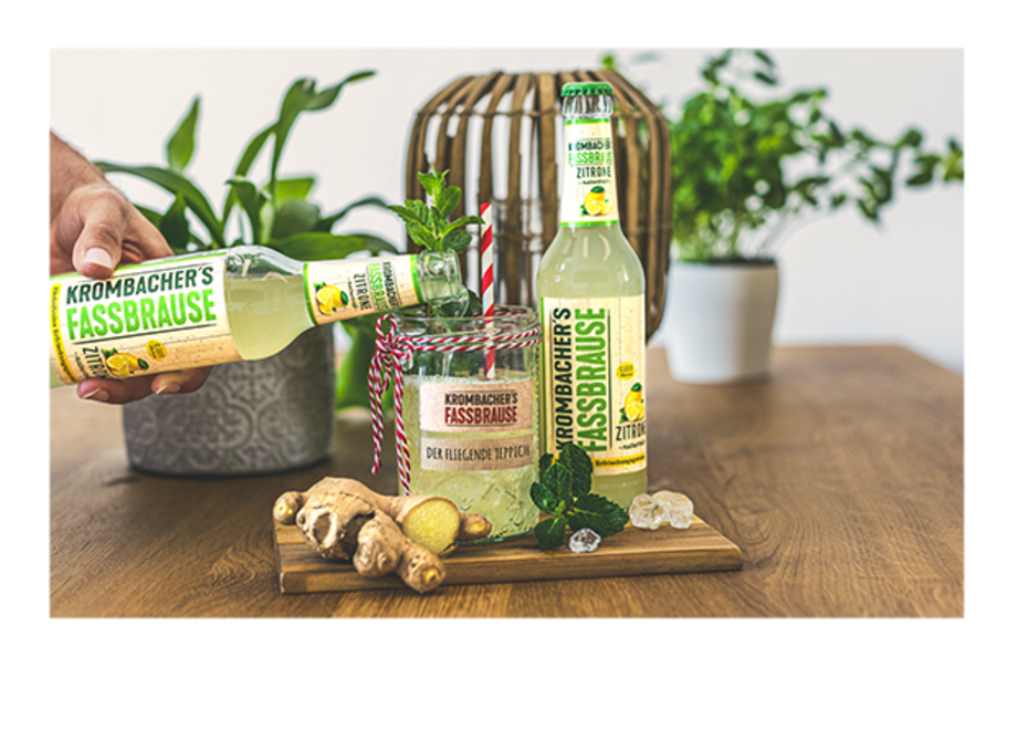 Cocktail mit Fassbrause Zitrone naturtrüb mit Ingwer und Minze mit Text: der fliegende Teppich