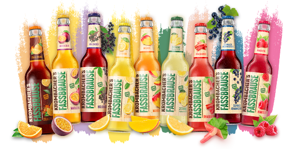 Alle Sorten von Krombacher's Fassbrause nebeneinander mit verschiedenen Fruchtabbildungen. 