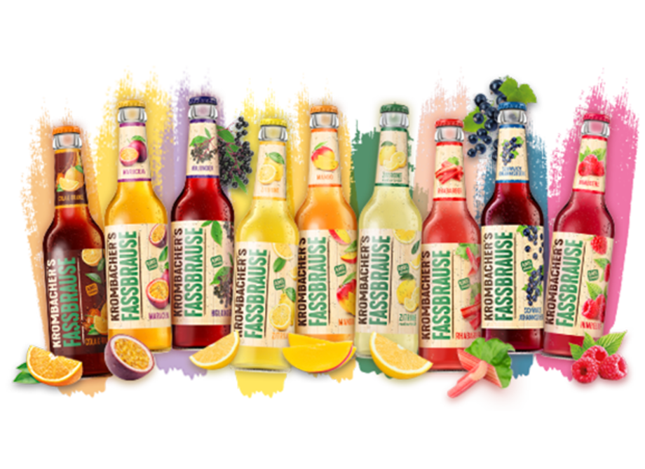 Alle Sorten von Krombacher's Fassbrause nebeneinander mit verschiedenen Fruchtabbildungen. 