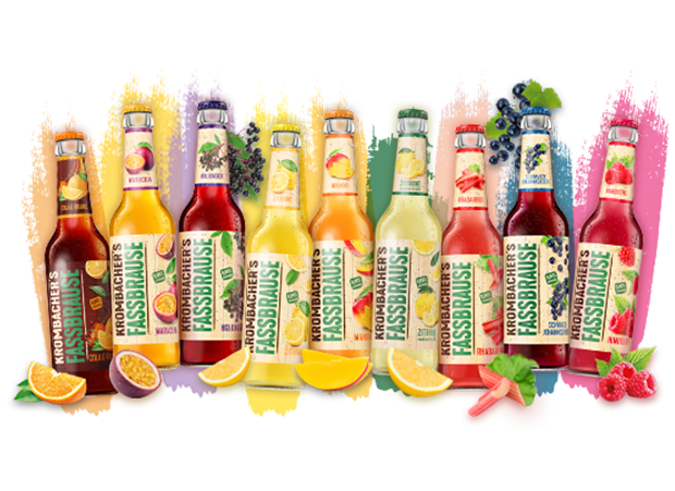 Alle Sorten von Krombacher's Fassbrause nebeneinander mit verschiedenen Fruchtabbildungen. 