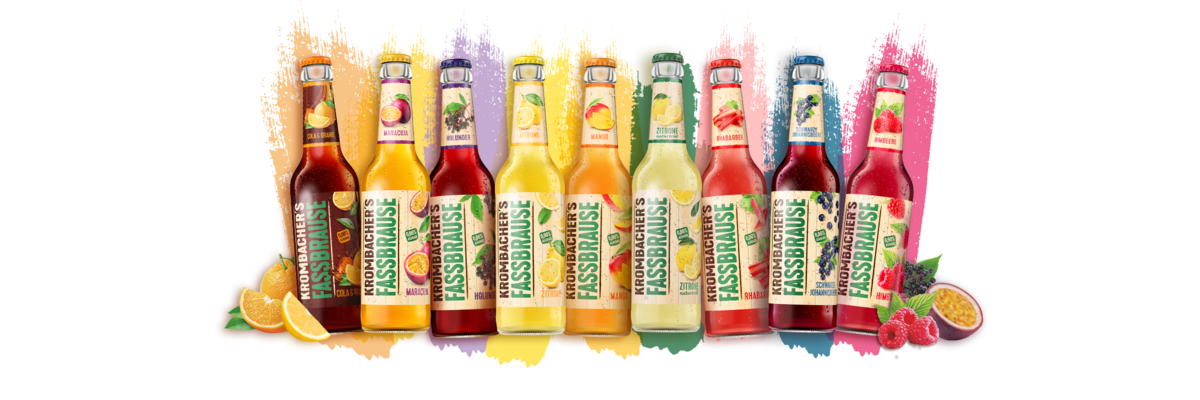 Alle Sorten von Krombacher's Fassbrause nebeneinander mit verschiedenen Fruchtabbildungen. 