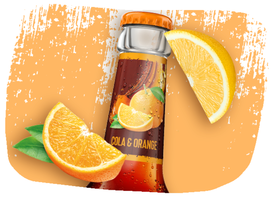 Cola-Orange Fassbrause Flaschenhals mit aufgeschnittenen Orangen.