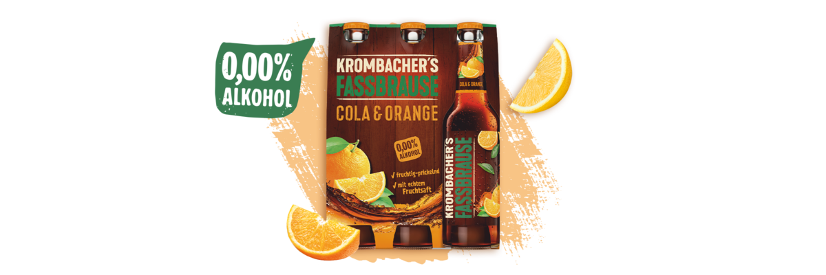 Sixpack Krombacher's Fassbrause Cola & Orange mit Orangen und Text '0,00% Alkohol'.