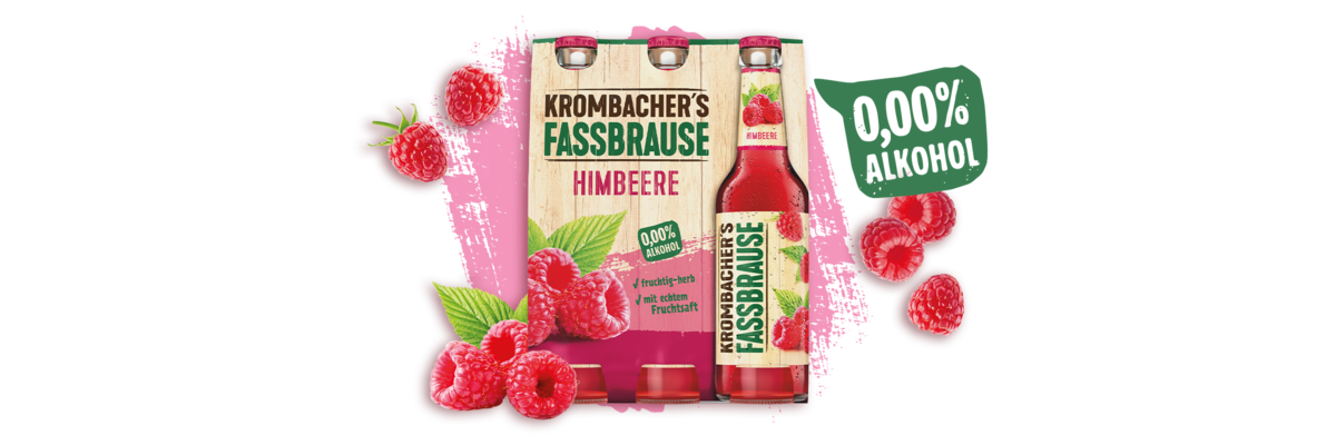 Sixpack Krombacher's Fassbrause Himbeere mit Himbeeren und Text '0,00% Alkohol'.