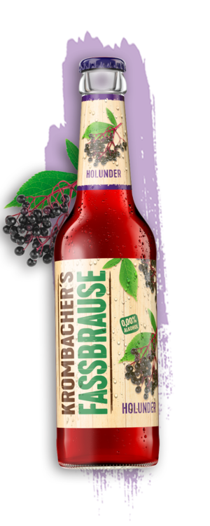 Holunder Fassbrauseflasche in lila mit Holundertrauben.