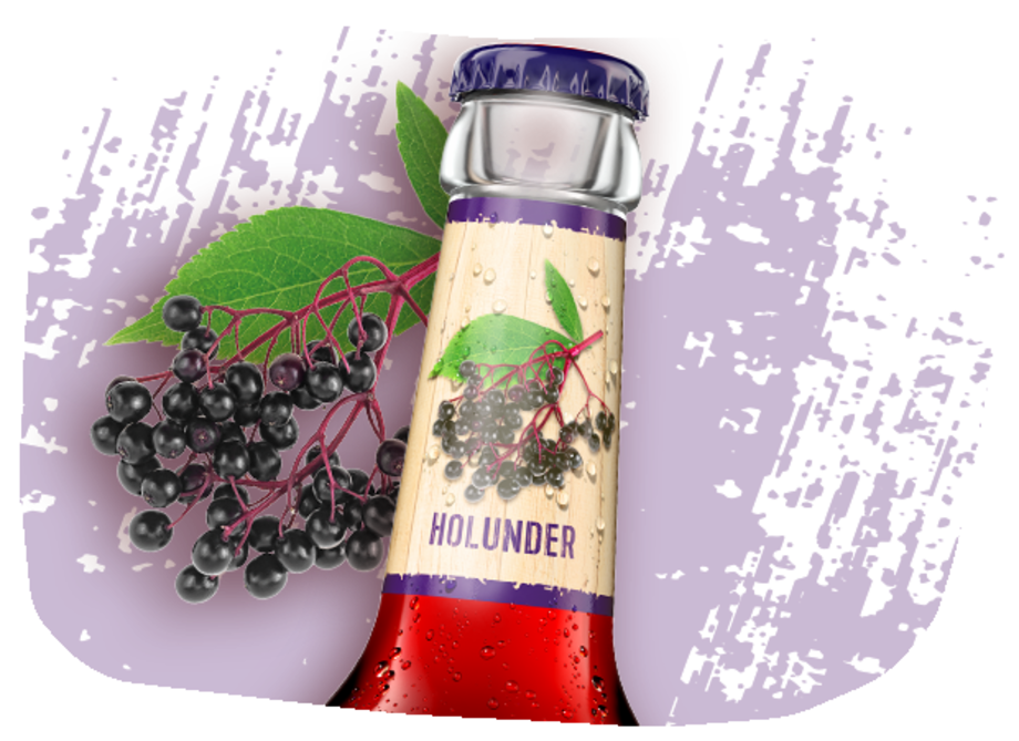 Flaschenhals von Krombacher Fassbrause Holunder und außerhalb Holundertrauben.