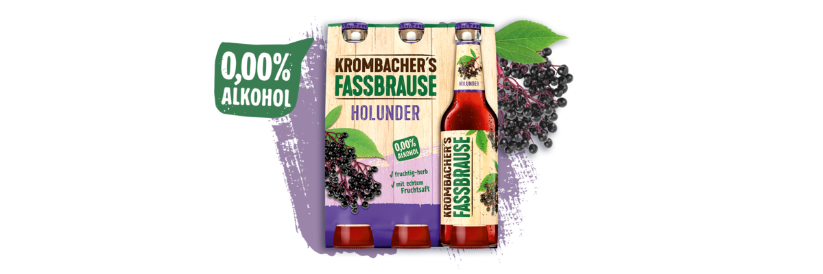 Sixpack Krombacher's Fassbrause Holunder mit Holunderbeeren und Text '0,00% Alkohol'.