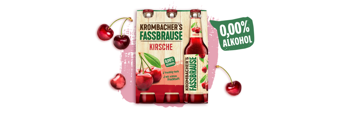 Sixpack Krombacher Fassbrause Kirsche mit roten Kirschen auf der Verpackung. Mit Text '0,00% Alkohol'