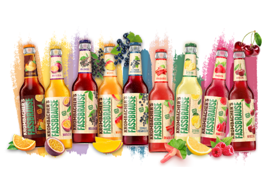 Alle Sorten von Krombacher's Fassbrause nebeneinander mit verschiedenen Fruchtabbildungen. 