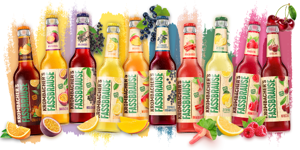 Alle Sorten von Krombacher's Fassbrause nebeneinander mit verschiedenen Fruchtabbildungen. 