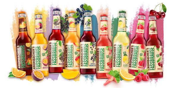 Alle Sorten von Krombacher's Fassbrause nebeneinander mit verschiedenen Fruchtabbildungen. 
