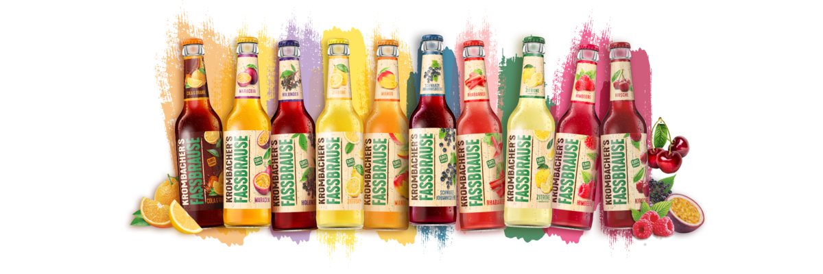Alle Sorten von Krombacher's Fassbrause nebeneinander mit verschiedenen Fruchtabbildungen. 