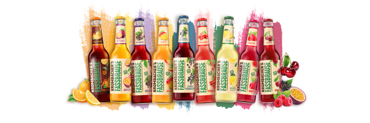 Alle Sorten von Krombacher's Fassbrause nebeneinander mit verschiedenen Fruchtabbildungen. 