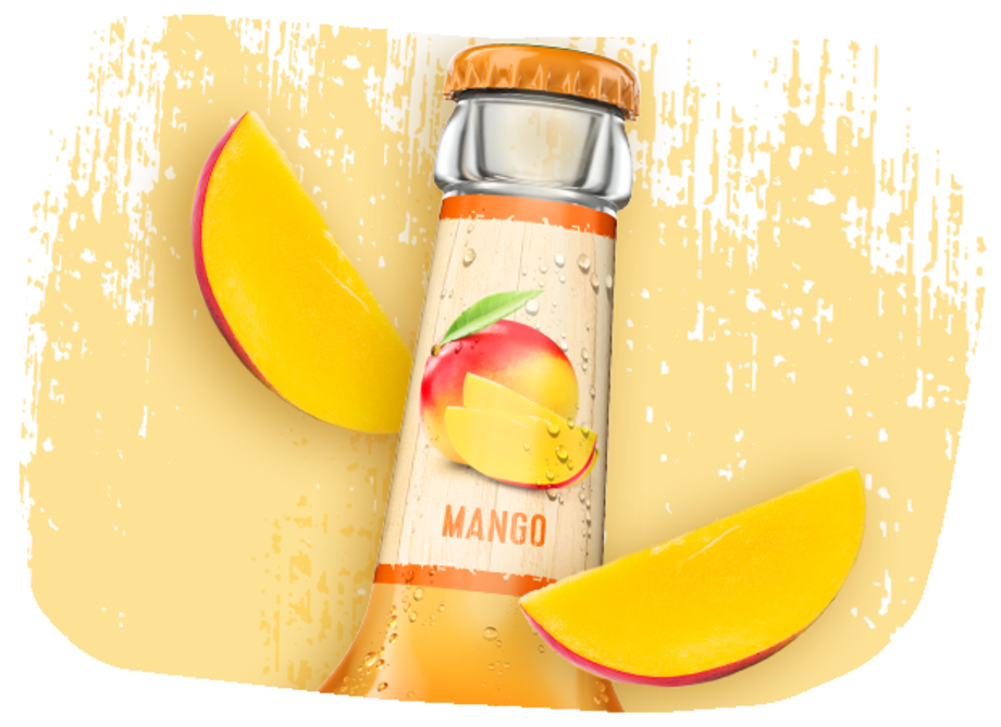 Flaschenhals von Mango Fassbrause mit aufgeschnitten Mangostücken.