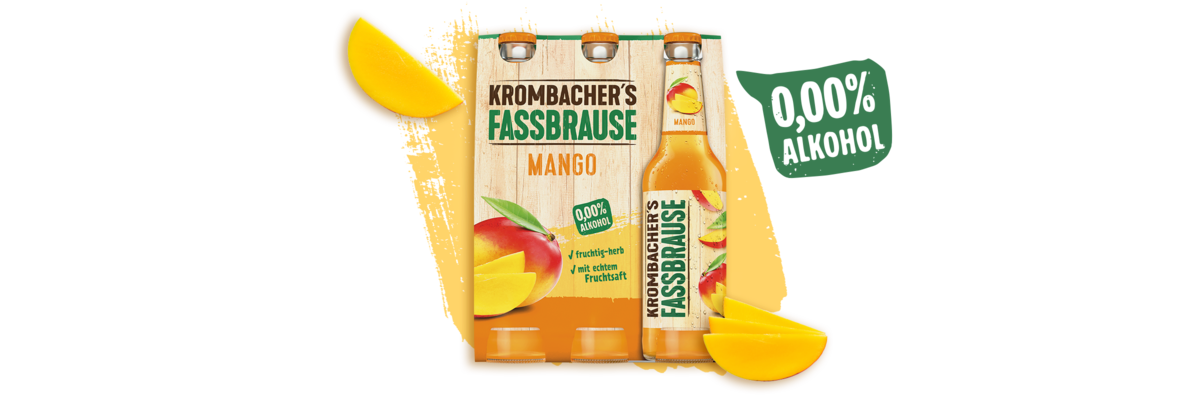 Sixpack Krombacher's Fassbrause Mango mit Mangoscheiben und Text '0,00% Alkohol'.