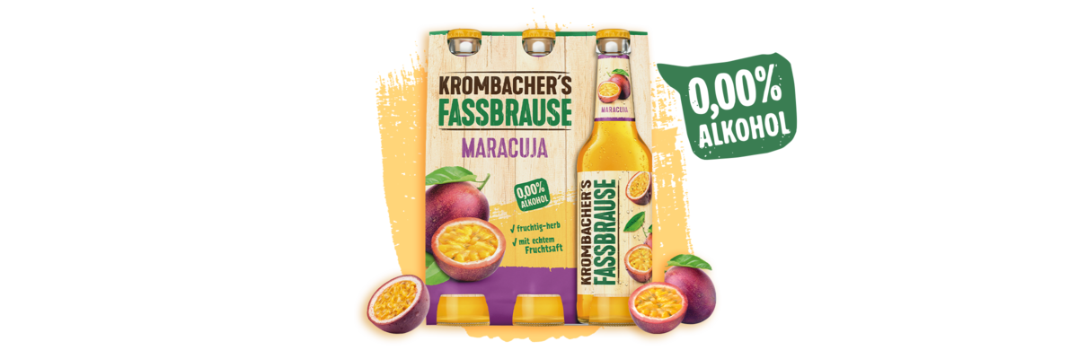 Sixpack Krombacher's Fassbrause Maracuja mit aufgeschnittenen Maracujas und Text '0,00% Alkohol'.
