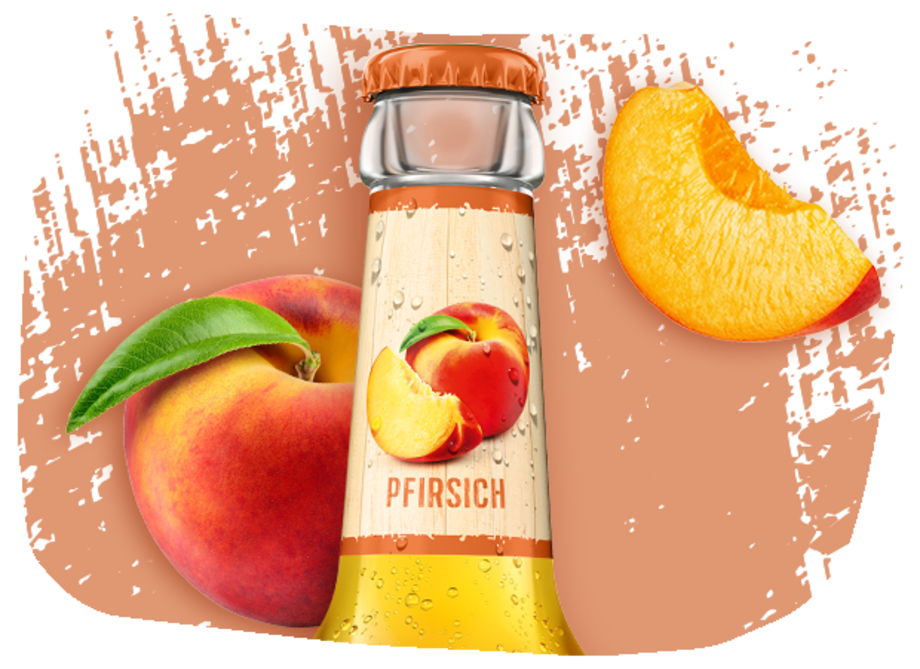 0,33l Flasche Krombacher's Fassbrause Pfirsich mit Abbildungen von Pfirsichen. 