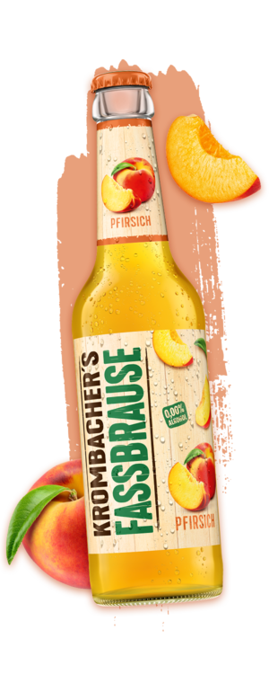 0,33l Flasche Krombacher's Fassbrause Pfirsich mit Abbildungen von Pfirsichen. 