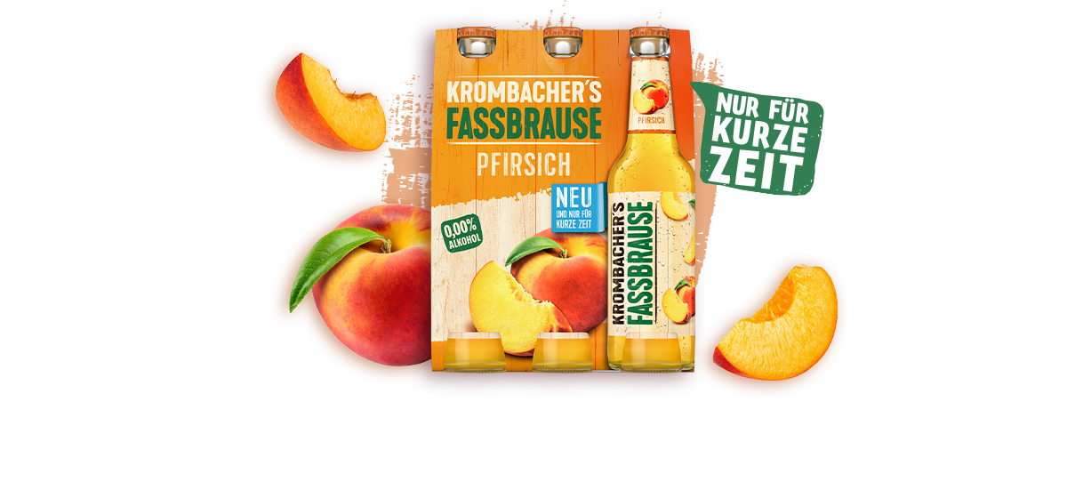 Sixpack Krombacher Fassbrause Pfirsich mit Pfirsichen auf der Verpackung. Mit Text 'Nur für kurze Zeit'