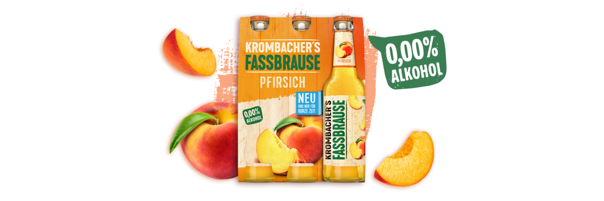 Sixpack Krombacher Fassbrause Pfirsich mit Pfirsichen auf der Verpackung. Mit Text '0,00% Alkohol'