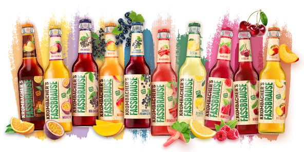 Alle Sorten von Krombacher's Fassbrause nebeneinander mit verschiedenen Fruchtabbildungen. 