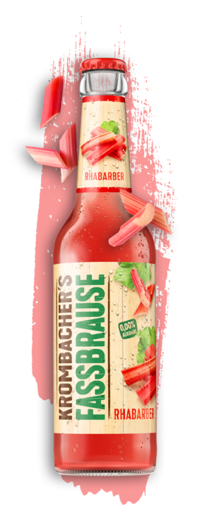 Rhabarber Krombachers Fassbrause Flasche mit Rhabarberstücken.