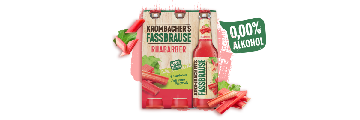 Sixpack Krombacher's Fassbrause Rhabarber mit Rhabarberstielen und Text '0,00% Alkohol'.