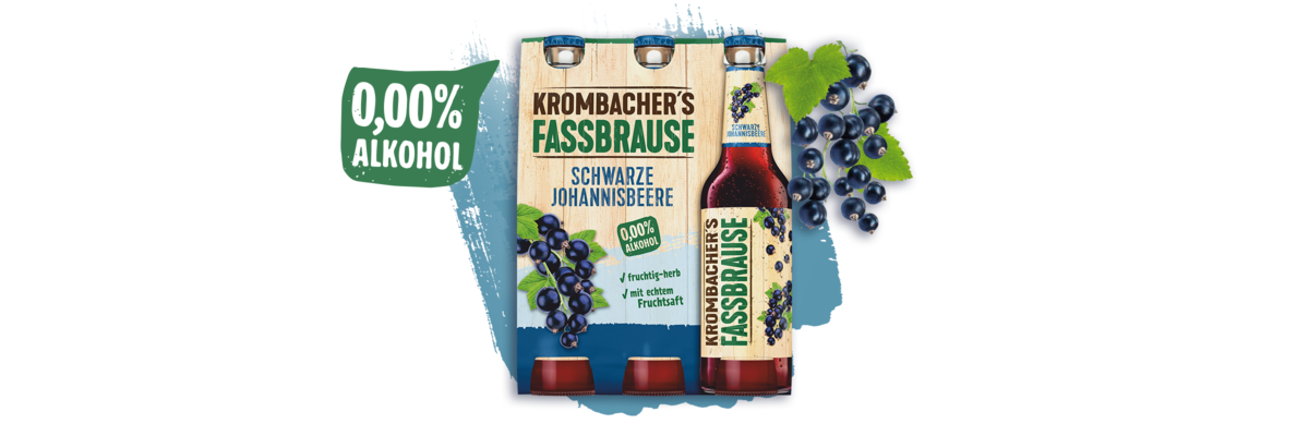 Sixpack Krombacher's Fassbrause Schwarze Johannisbeere mit Johannisbeeren und Text '0,00% Alkohol'.