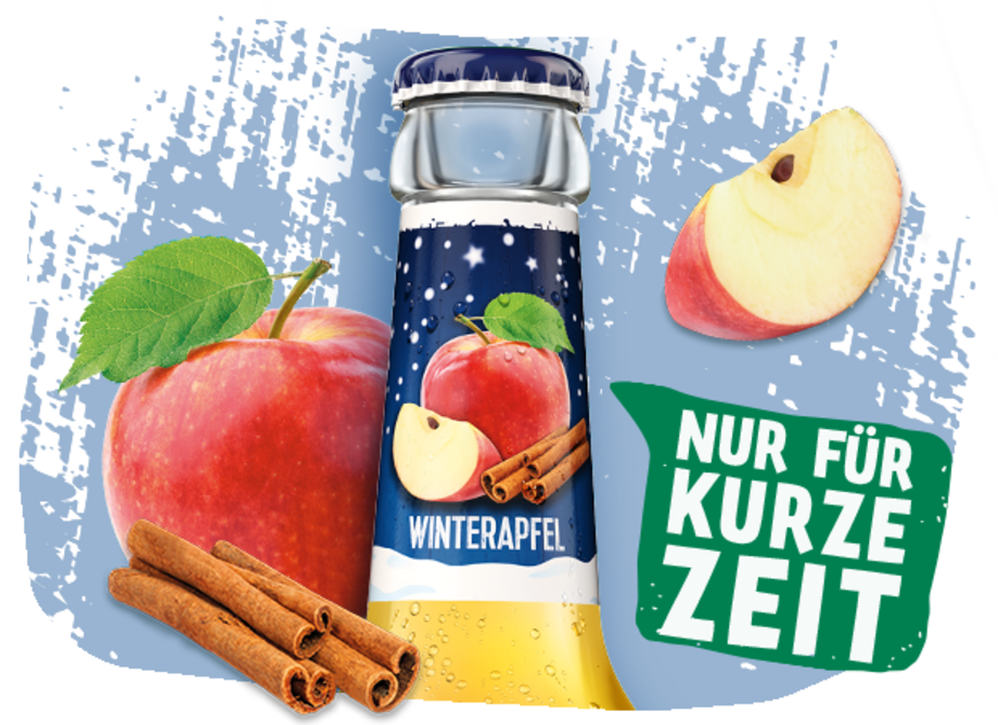 Hals einer 0,33l Flasche Krombachers Fassbrause Winterapfel, daneben ein roter Apfel und Zimtstangen und der Hinweis: Nur für Kurze zeit.