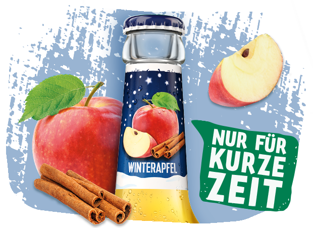 Hals einer 0,33l Flasche Krombachers Fassbrause Winterapfel, daneben ein roter Apfel und Zimtstangen und der Hinweis: Nur für Kurze zeit.