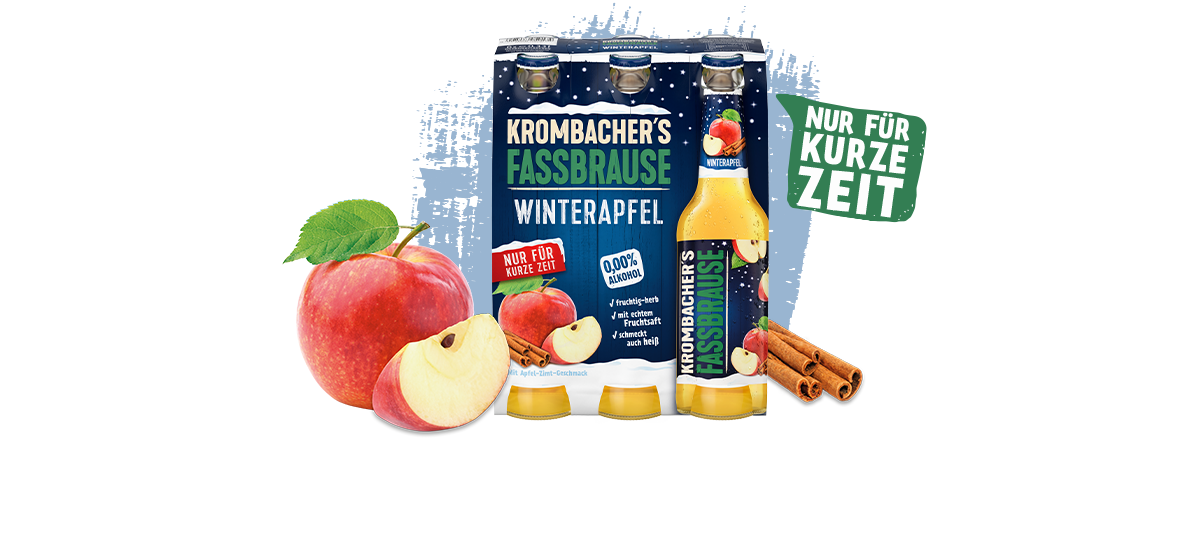 0,33l Flaschen Krombachers Fassbrause Winterapfel im blauen Sixpack , daneben ein roter Apfel und Zimtstangen und der Hinweis: Nur für Kurze zeit.