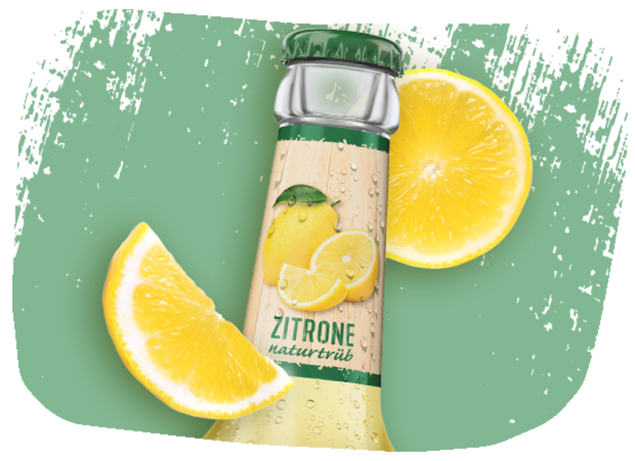Flaschenhals der Krombacher's Fassbrause Zitrone Naturtrüb mit gelben Zitronenscheiben.