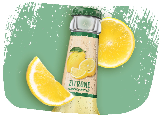 Flaschenhals der Krombacher's Fassbrause Zitrone Naturtrüb mit gelben Zitronenscheiben.