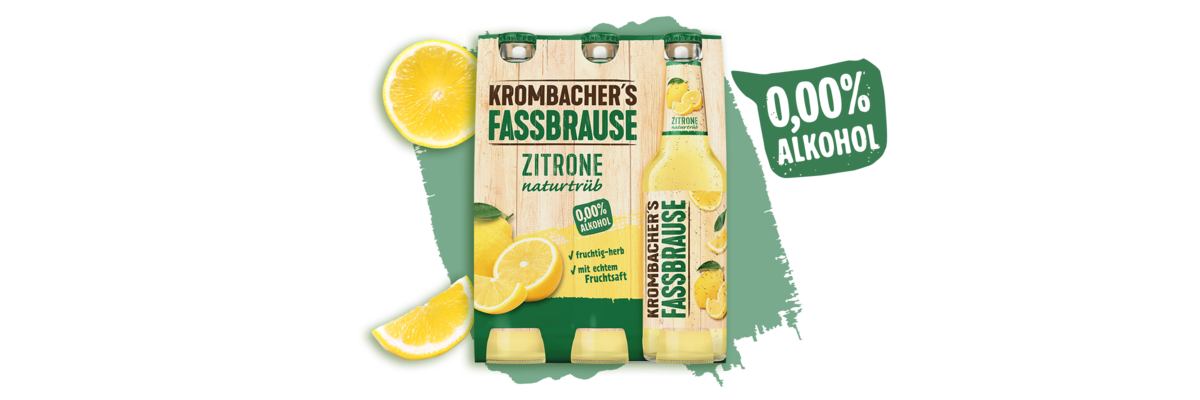 Sixpack Krombacher's Fassbrause Zitrone Naturtrüb mit gelben Zitronenscheiben und Text '0,00% Alkohol'.