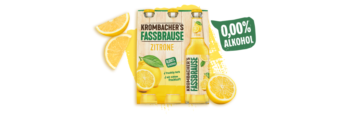 Sixpack Krombacher's Fassbrause Zitrone mit gelben Zitronenachteln und Text '0,00% Alkohol'.