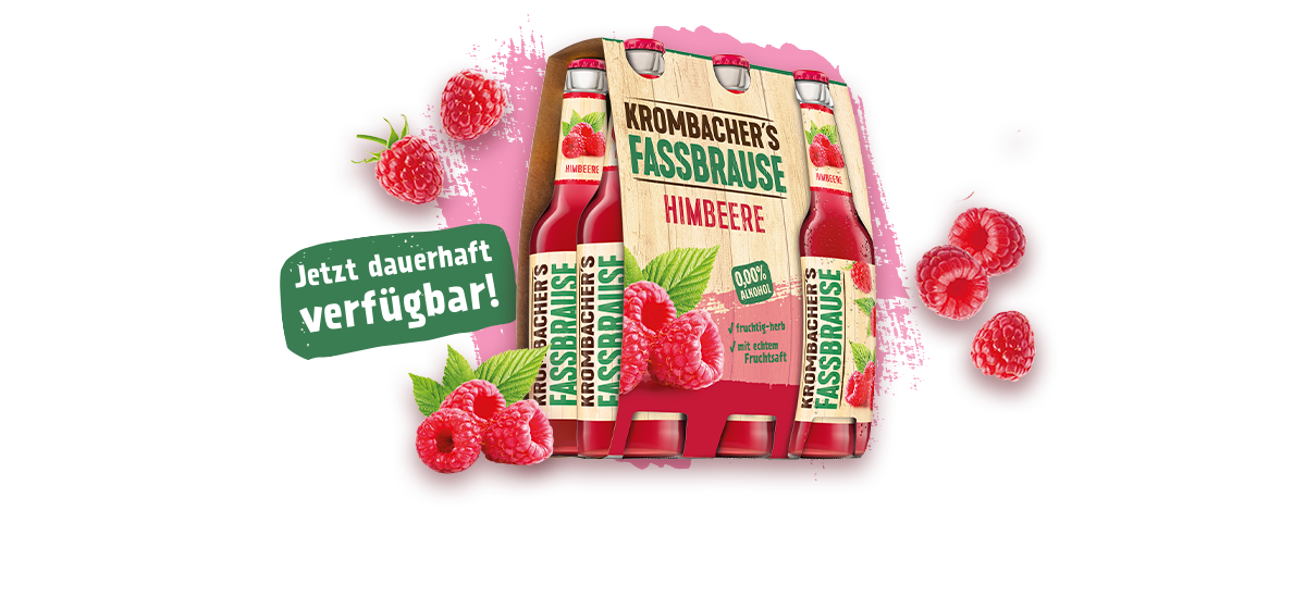 Sechserträger mit Krombacher's Fassbrause Himbeere, rot mit Himbeermotiven. Text 'Jetzt dauerhaft verfügbar!' in grün.