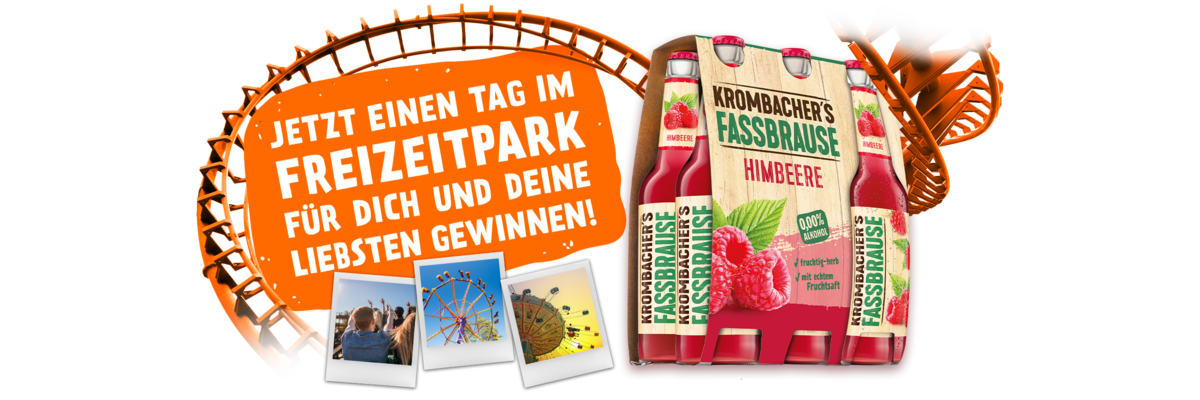 Werbung für Krombacher's Fassbrause mit dem Text 'JETZT EINEN TAG IM FREIZEITPARK FÜR DICH UND DEINE LIEBSTEN GEWINNEN!'. Im Hintergrund sind eine Achterbahn und Fotos von einem Freizeitpark zu sehen.